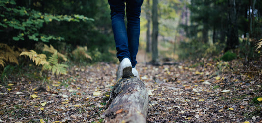 person walking on log balancing