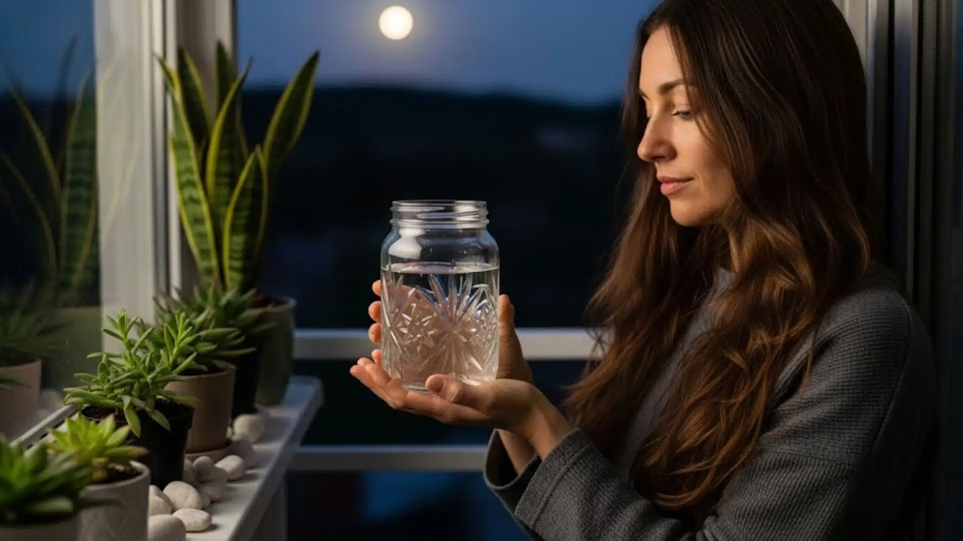 woman holding a glass jar of water by a window at night with the full moon shining outside
