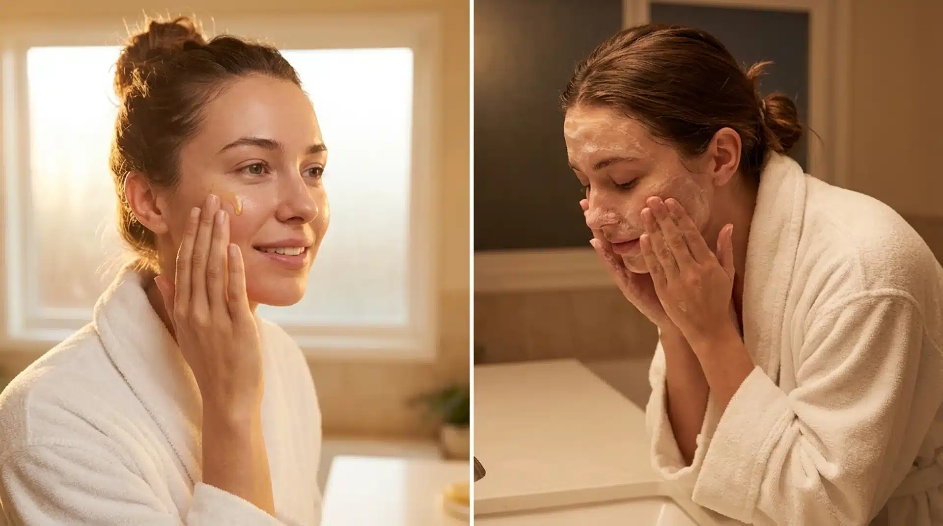 Aawoman applying a skincare product on her face and then massaging it in, wearing a white bathrobe in a bathroom setting