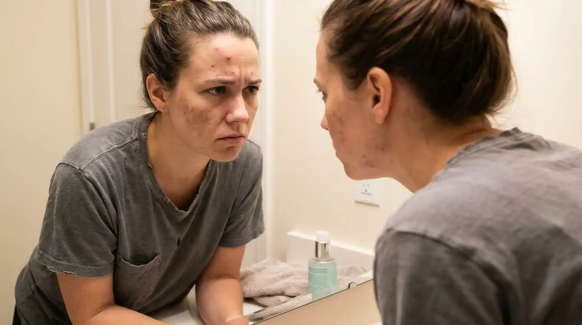 a woman looking at her acne and skin blemishes in the mirror, showing concern while standing in a bathroom