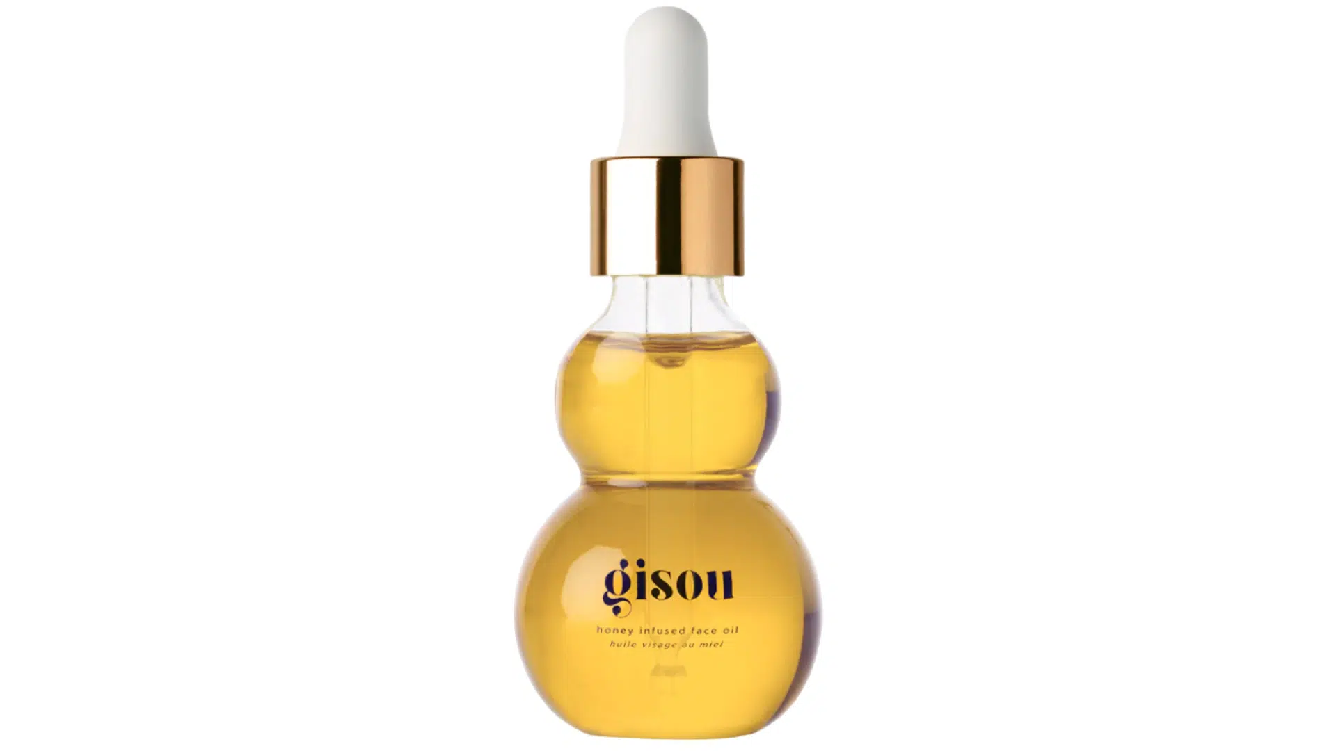 gison gourd-shaped glass bottle with golden oil and gold dropper on white background