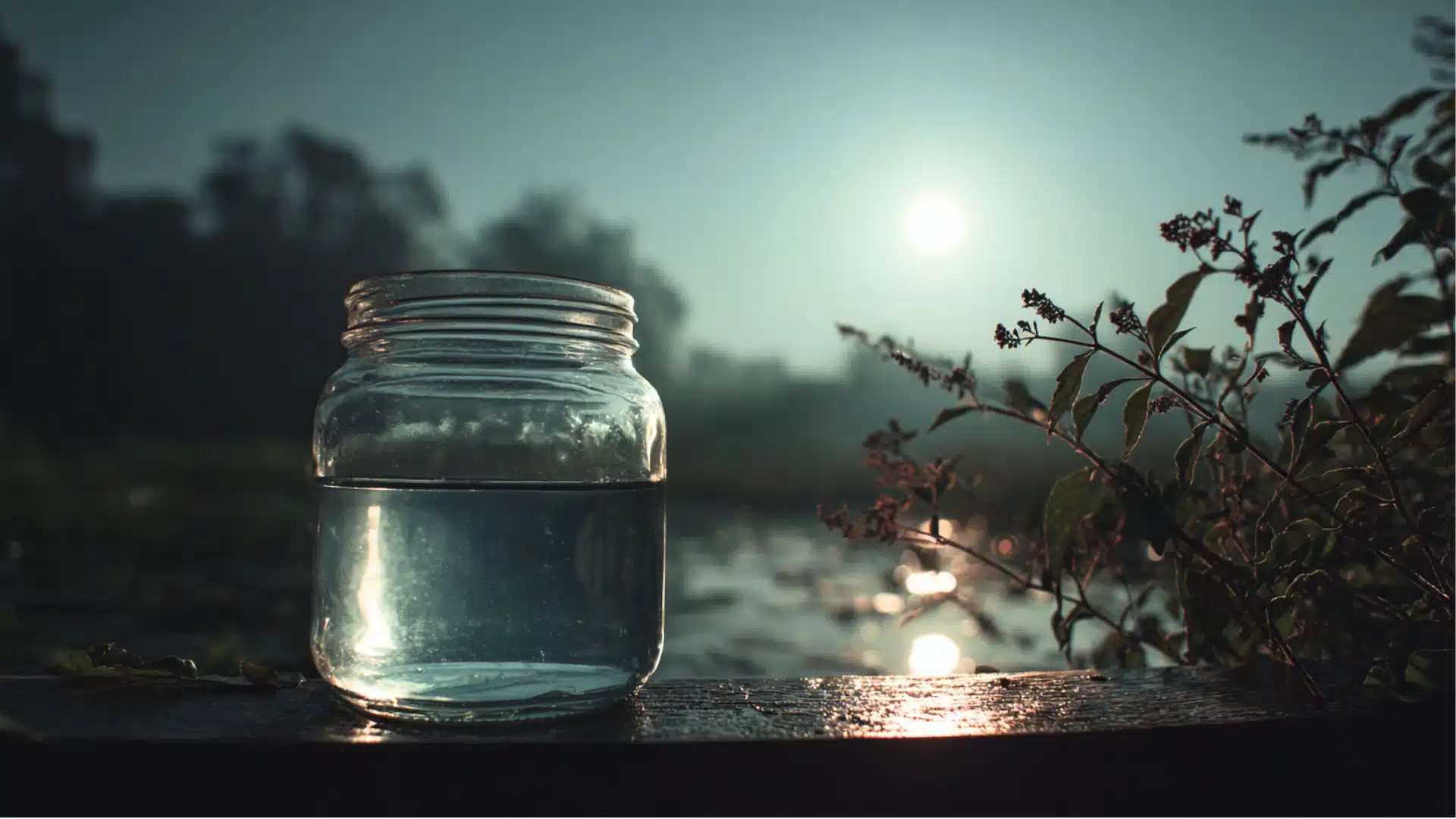 glass jar filled with water on a wooden surface outdoors at night, lit by bright moonlight beside plants