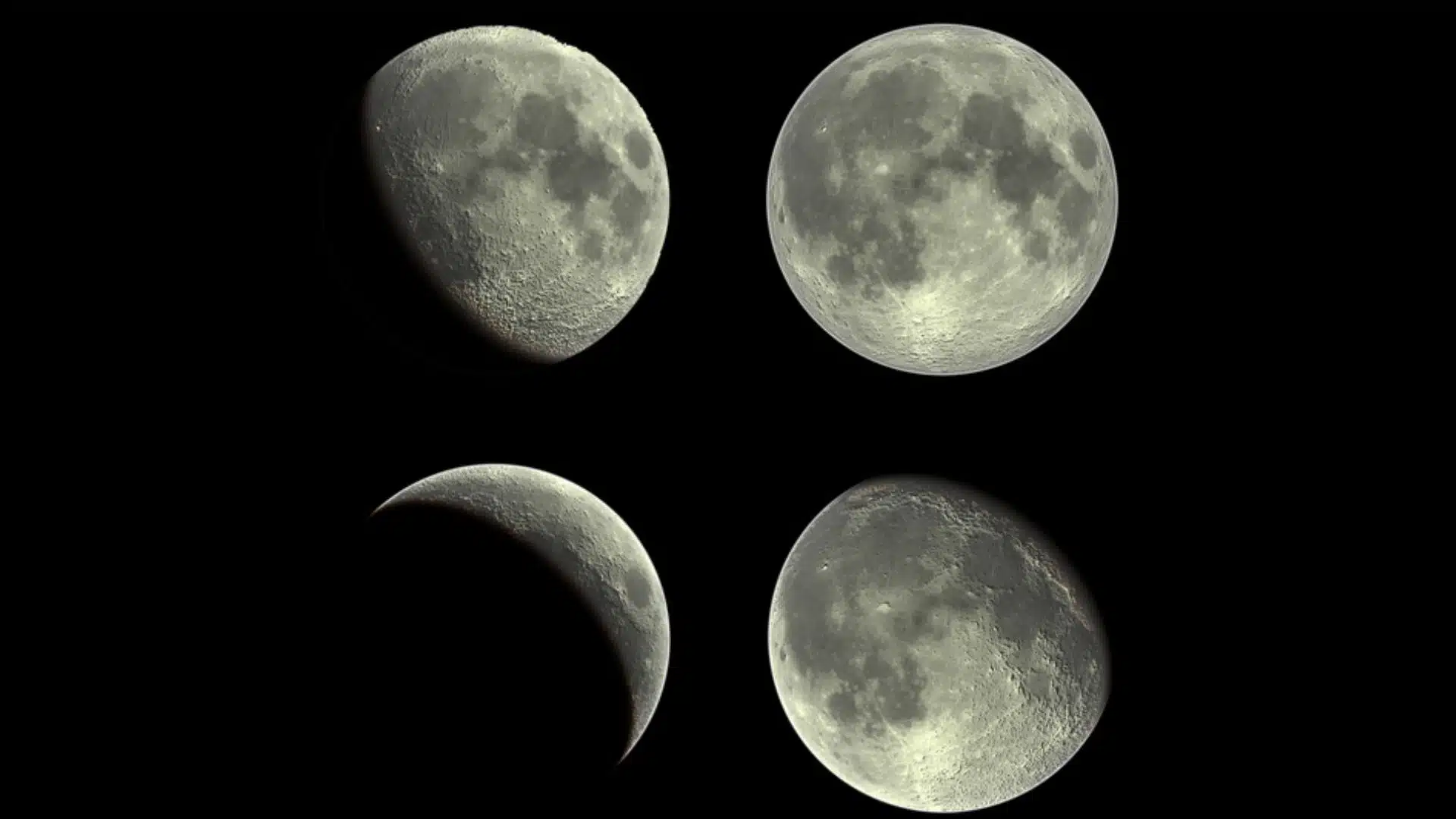 four views of the moon showing different phases, including crescent, half, and full moon against a black night sky