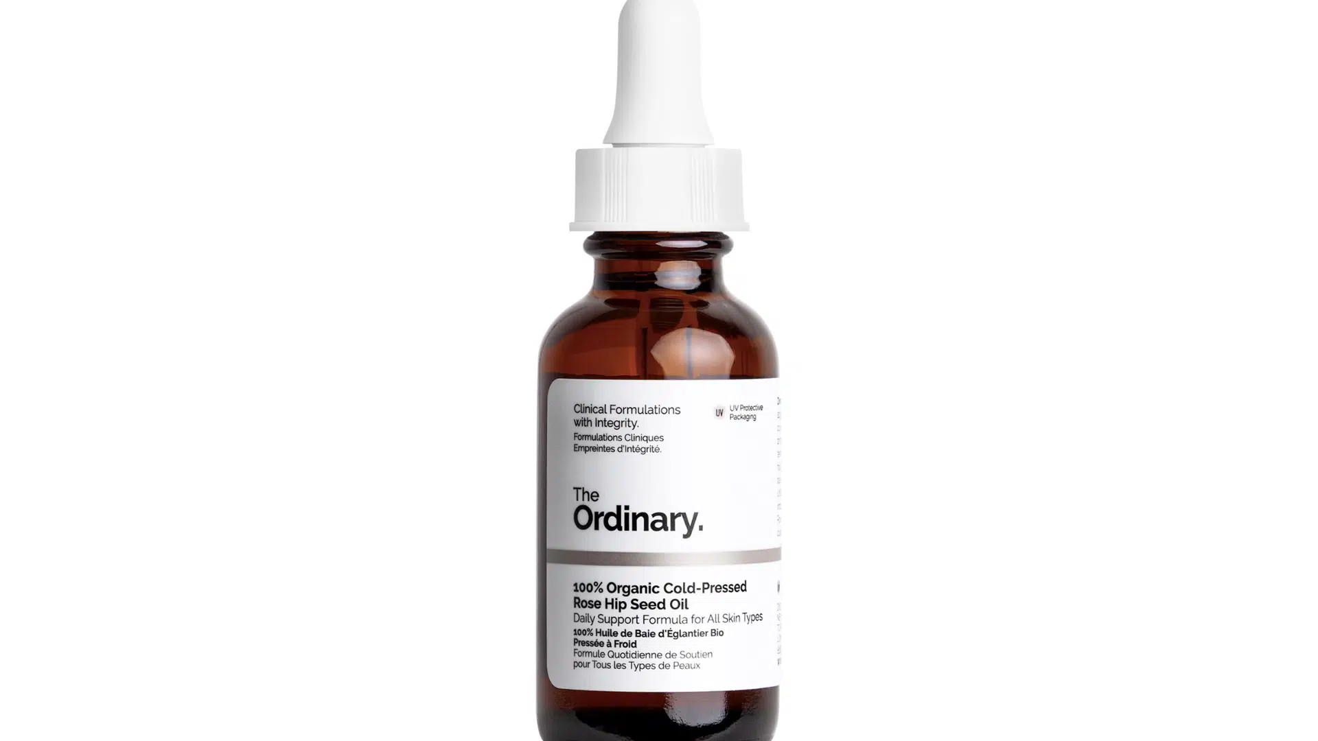 amber glass dropper bottle of the ordinary rose hip seed oil with white label on clean white background