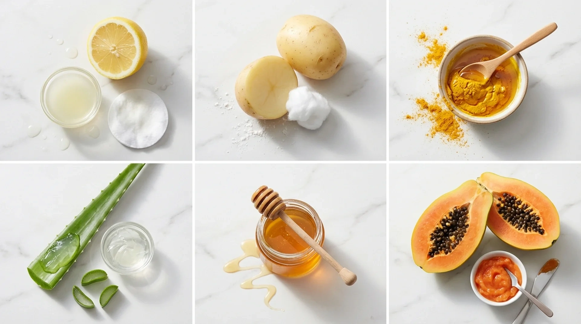 skincare ingredients for fading dark spots, lemon, potato, aloe vera, honey, turmeric, and papaya, on a white surface