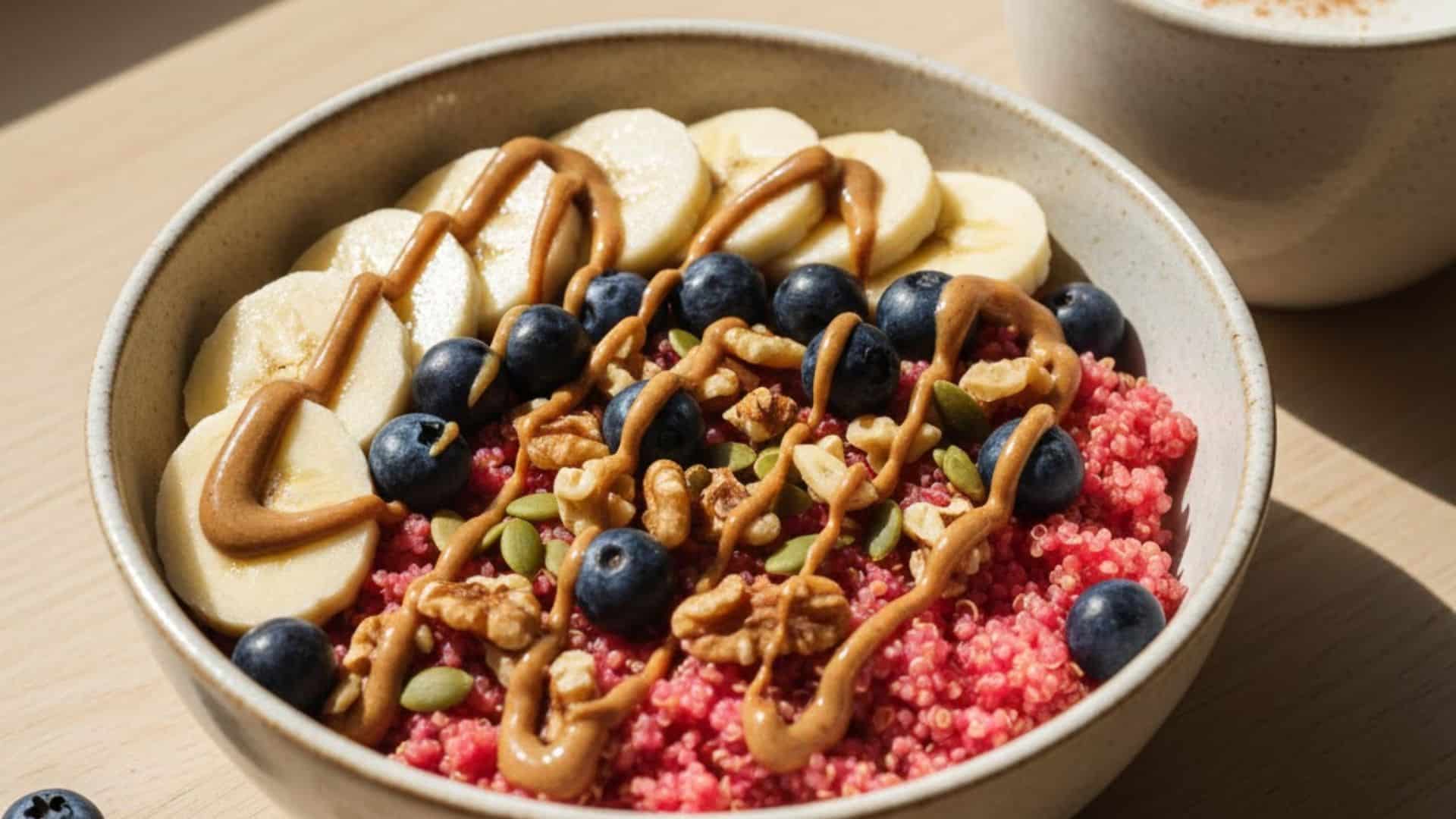 quinoa breakfast bowl with nuts and seeds