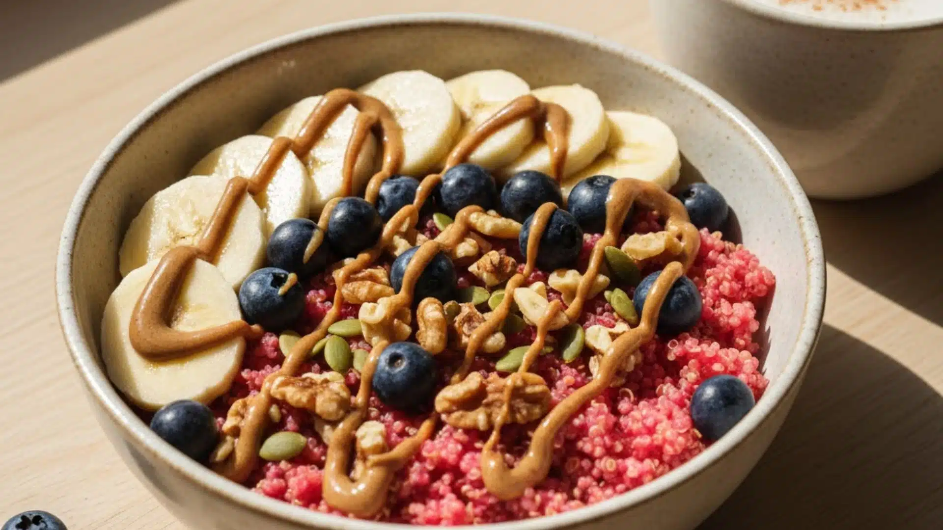 quinoa breakfast bowl with nuts and seeds