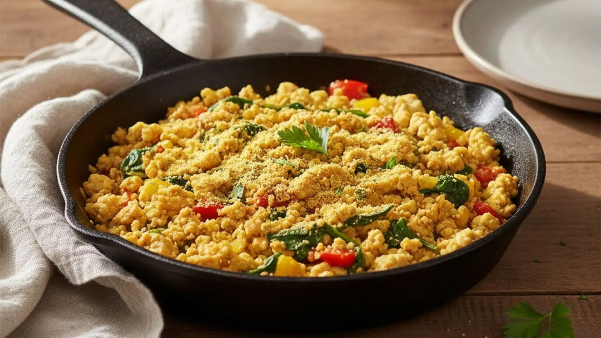 tofu scramble with veggies and nutritional yeast