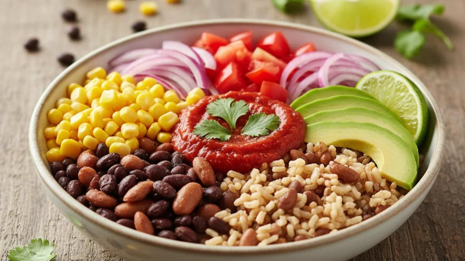 vegan burrito bowl with beans and brown rice