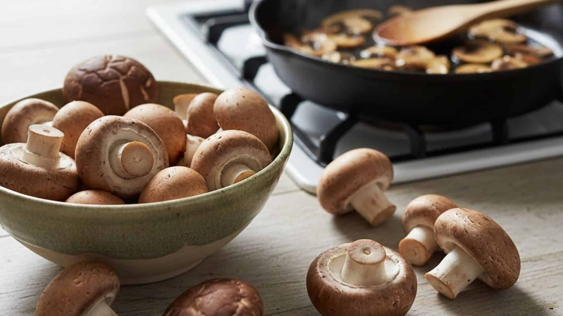 Fresh mushrooms in a bowl and scattered on a table, with a pan of sautéed mushrooms behind.