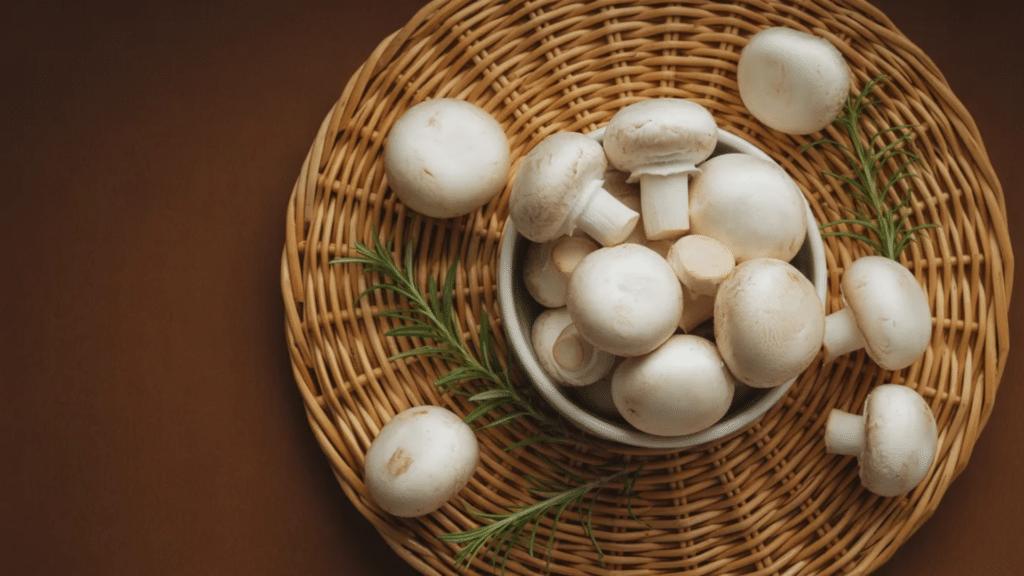 a bowl of fresh white button mushrooms and rosemary sprigs rests on a woven wicker tray against a warm brown backdrop