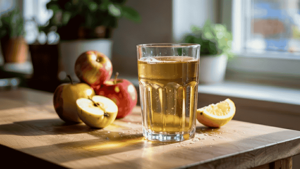 a glass of apple juice with lemon slices, surrounded by whole apples, on a wooden countertop in sunlight