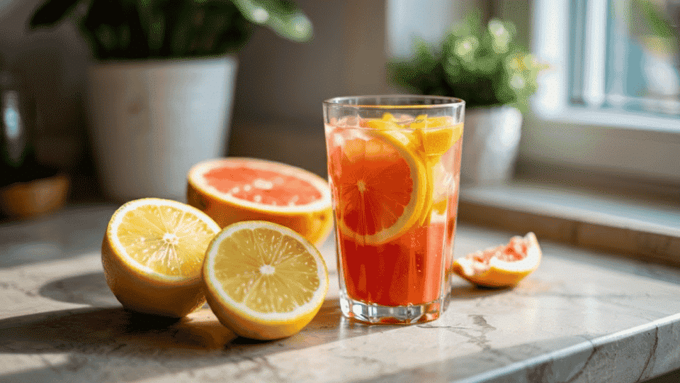 a glass of citrus juice with slices of lemon and grapefruit, placed next to lemons and grapefruits on a counter