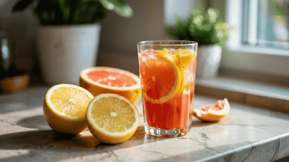 a glass of citrus juice with slices of lemon and grapefruit, placed next to lemons and grapefruits on a counter
