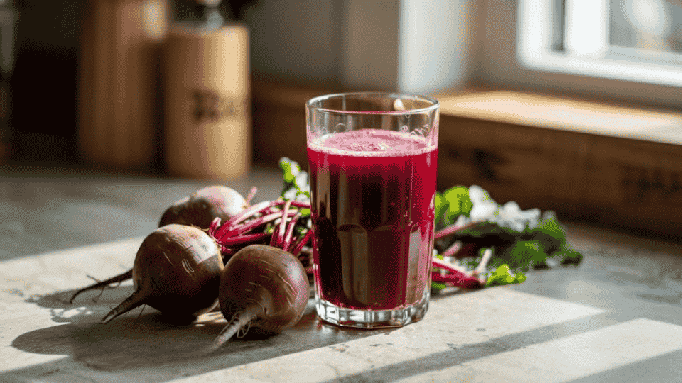 a glass of fresh beetroot juice with raw beets next to it, sitting on a kitchen counter with sunlight streaming in