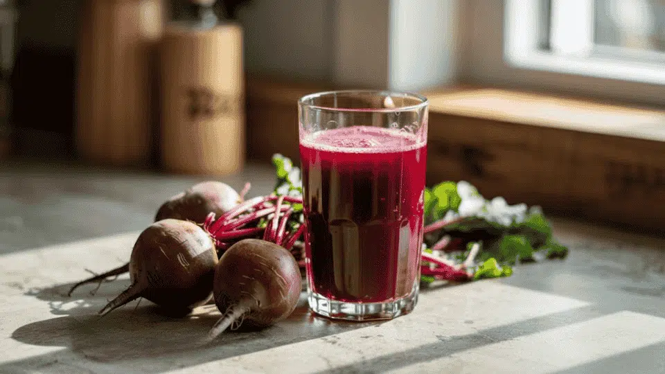 a glass of fresh beetroot juice with raw beets next to it, sitting on a kitchen counter with sunlight streaming in