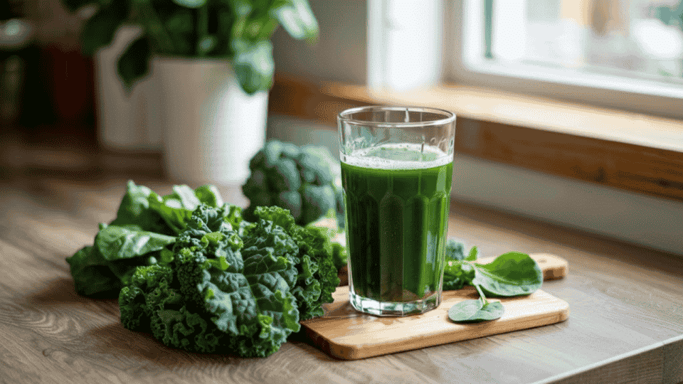 a glass of green vegetable juice with spinach, kale, and broccoli on a wooden board, placed next to a window