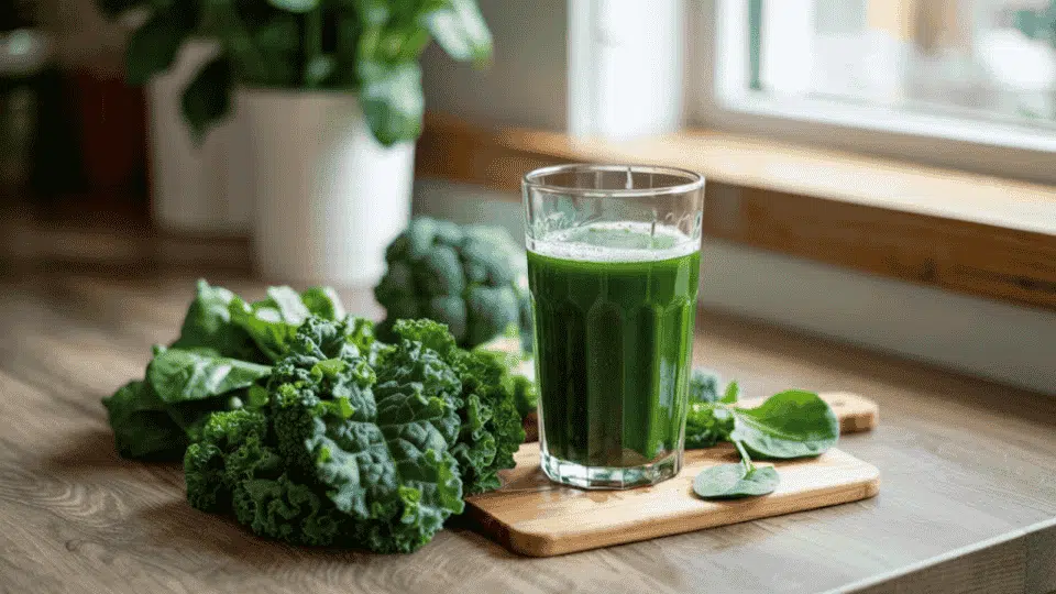 a glass of green vegetable juice with spinach, kale, and broccoli on a wooden board, placed next to a window
