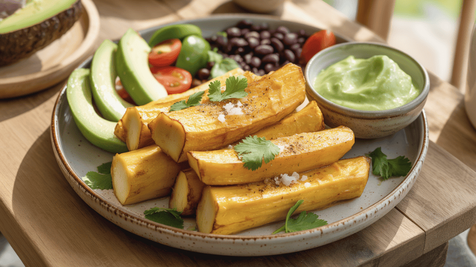 _a healthy meal featuring yuca as the main ingredient, served with fresh vegetables and herbs