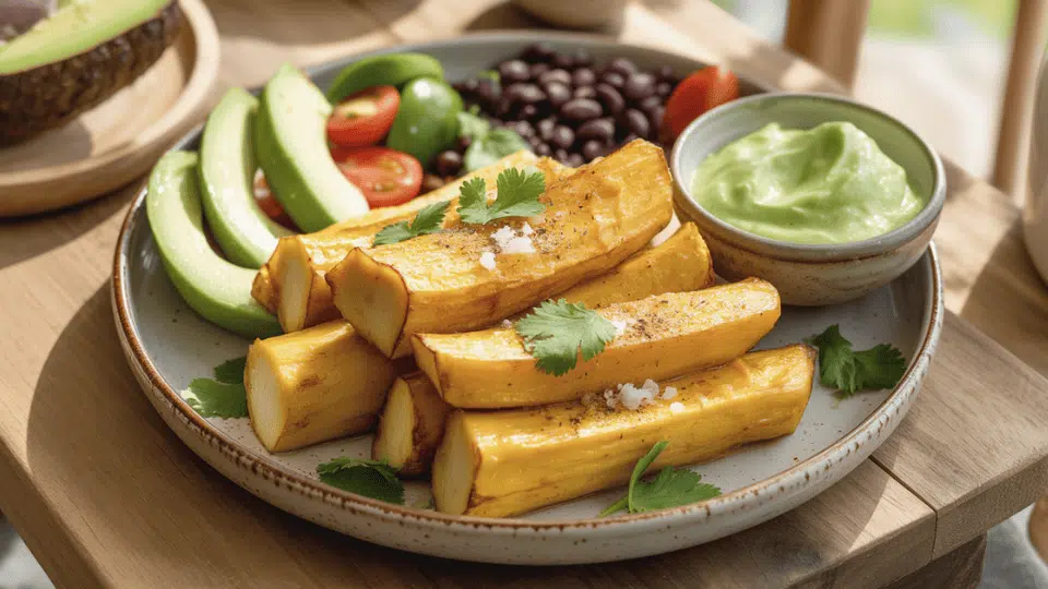 _a healthy meal featuring yuca as the main ingredient, served with fresh vegetables and herbs