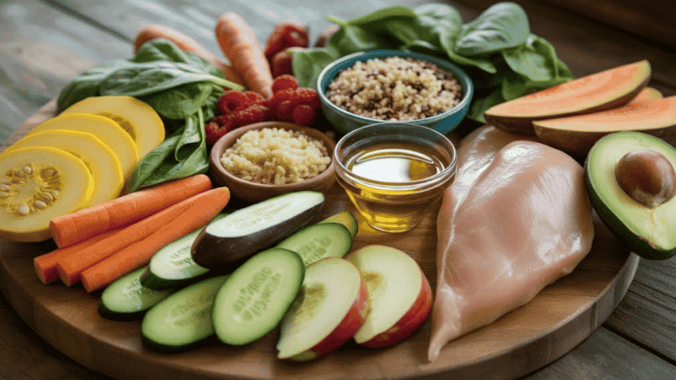 a low-sulfur meal with chicken, quinoa, vegetables like carrots, cucumbers, and squash, along with avocado and olive oil