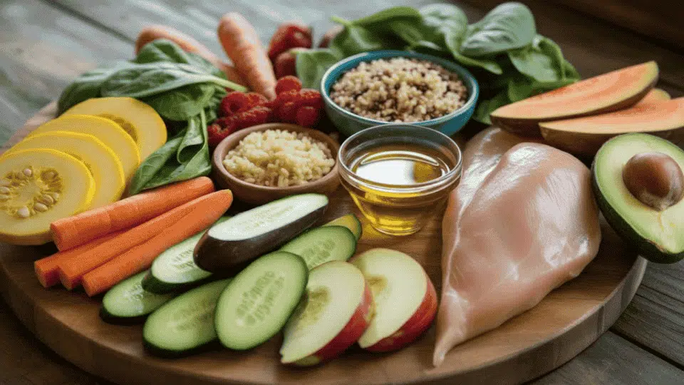 a low-sulfur meal with chicken, quinoa, vegetables like carrots, cucumbers, and squash, along with avocado and olive oil