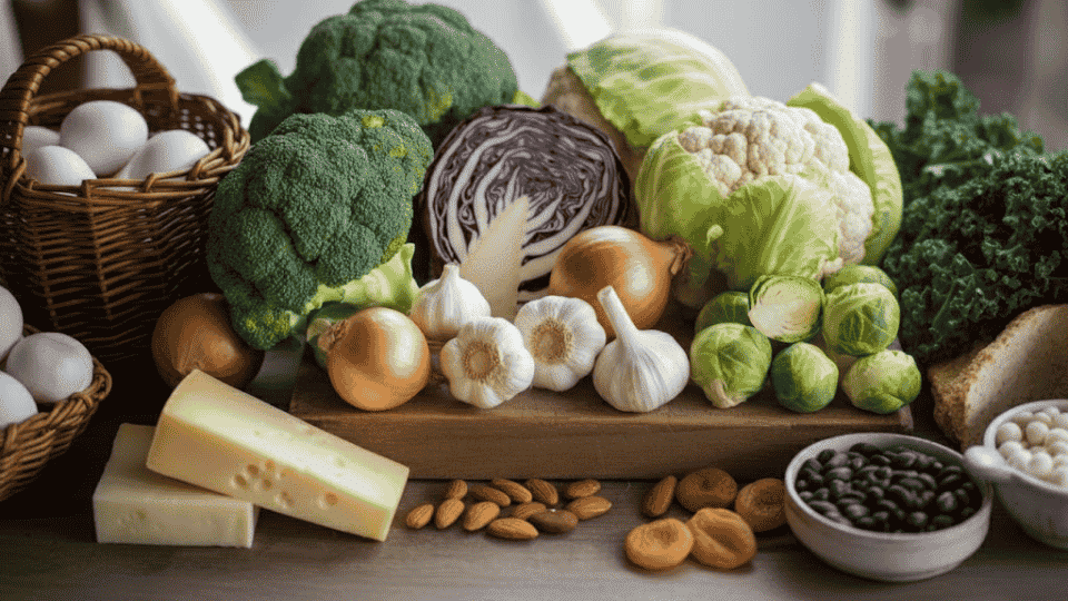 a variety of high-sulfur foods including broccoli, cauliflower, onions, garlic, cheese, eggs, almonds, and dried fruits (1)