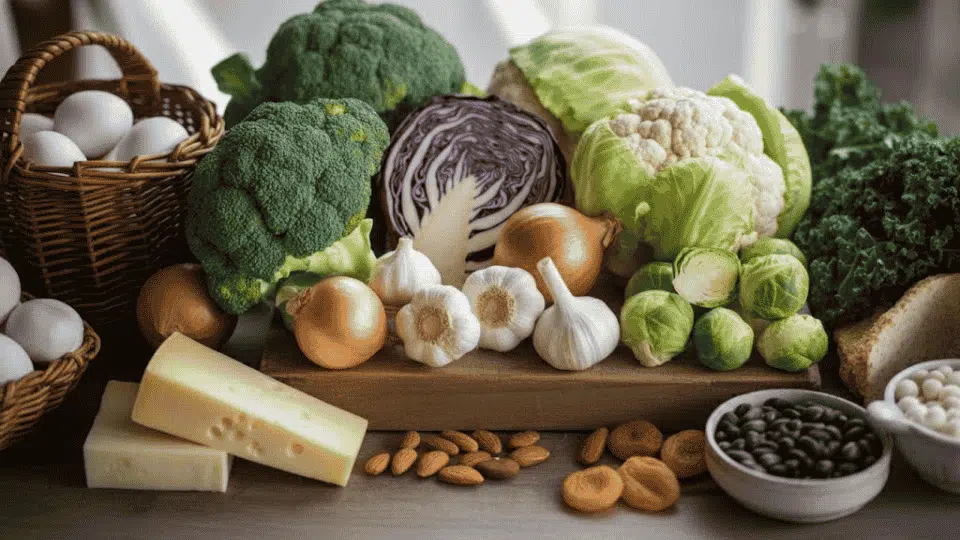 a variety of high-sulfur foods including broccoli, cauliflower, onions, garlic, cheese, eggs, almonds, and dried fruits (1)