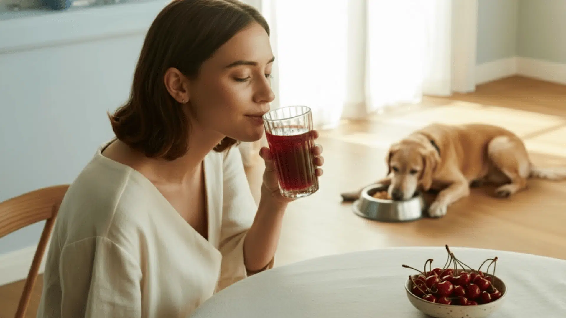 a woman drinking cherry juice while sitting at a table with a bowl of cherries on the table and her dog eating food too