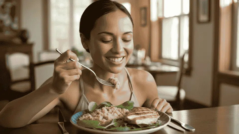 a woman enjoying a healthy low-sulfur meal of grilled chicken, quinoa, and spinach while sitting at a dining table
