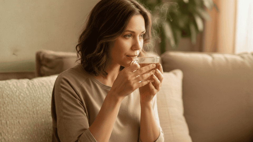 a woman sipping hot tea while sitting on a beige couch with steam rising from the cup and plant in the background