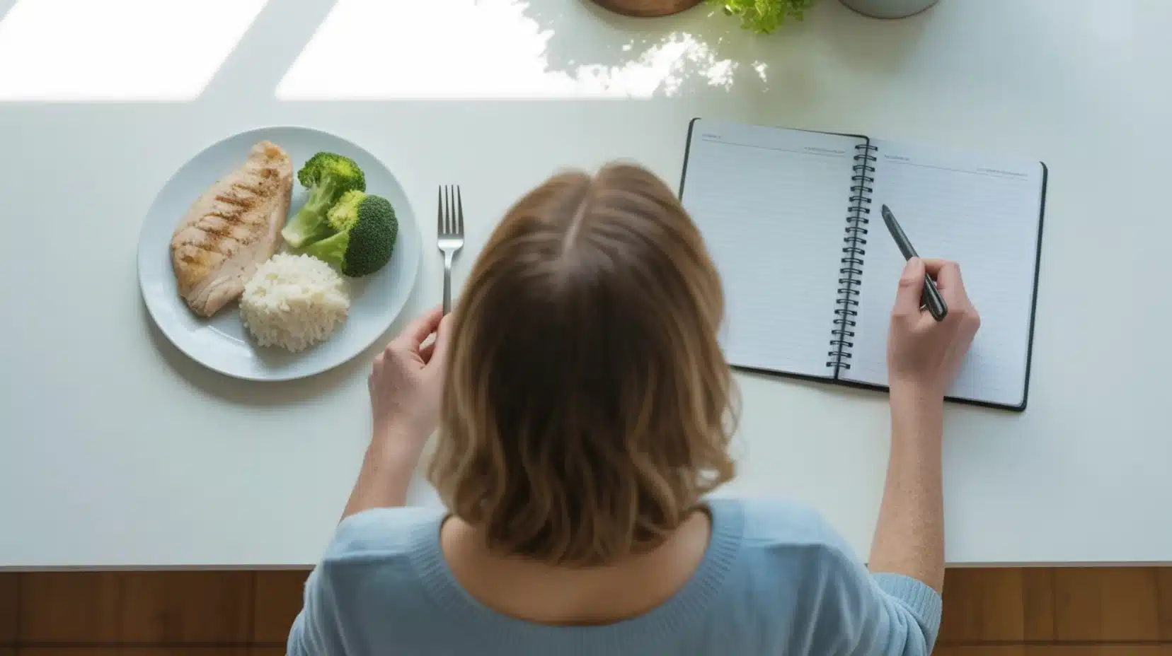 a woman writing in notebook beside plate with grilled chicken, rice, and broccoli on white table during meal planning