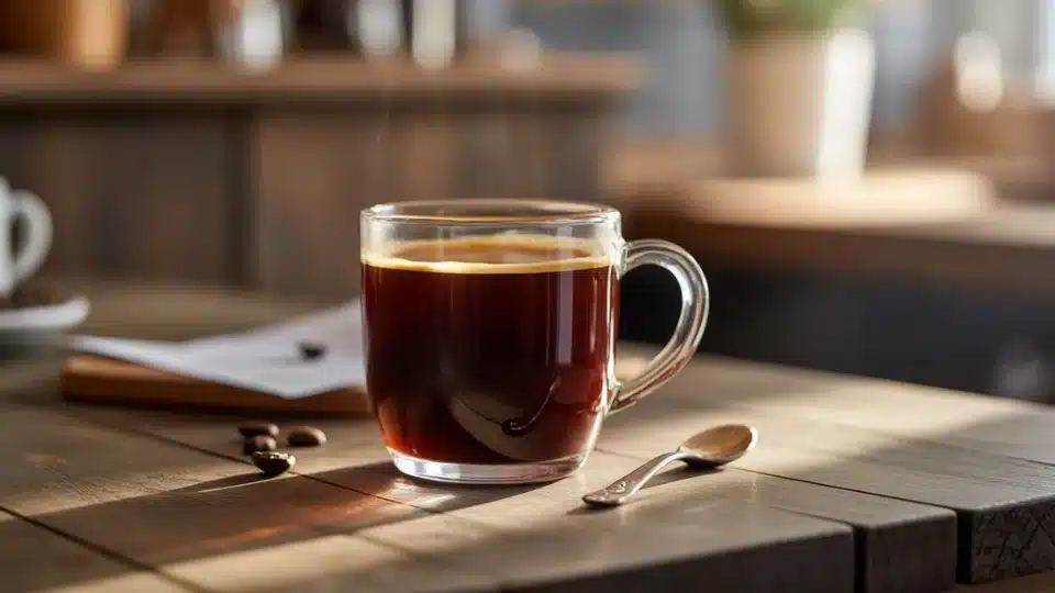 americano with light foam on rustic wooden table with spoon and beans
