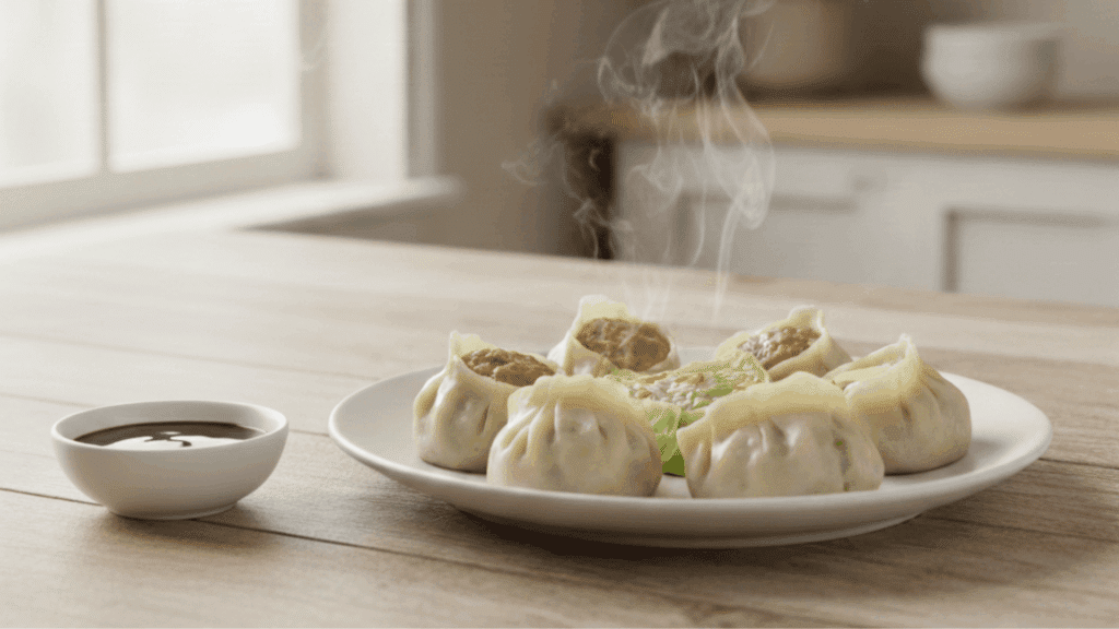 plate of steaming dumplings with filling on a wooden table, served with a small bowl of dipping sauce