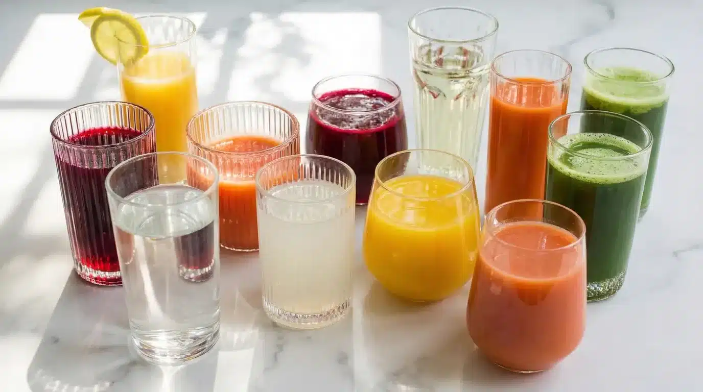 assorted glasses of fresh juices including orange, green, red, and clear drinks arranged on bright kitchen countertop
