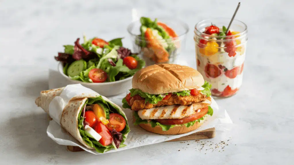 healthy fast food spread with grilled chicken burger veggie wrap salad and yogurt parfait on a light table