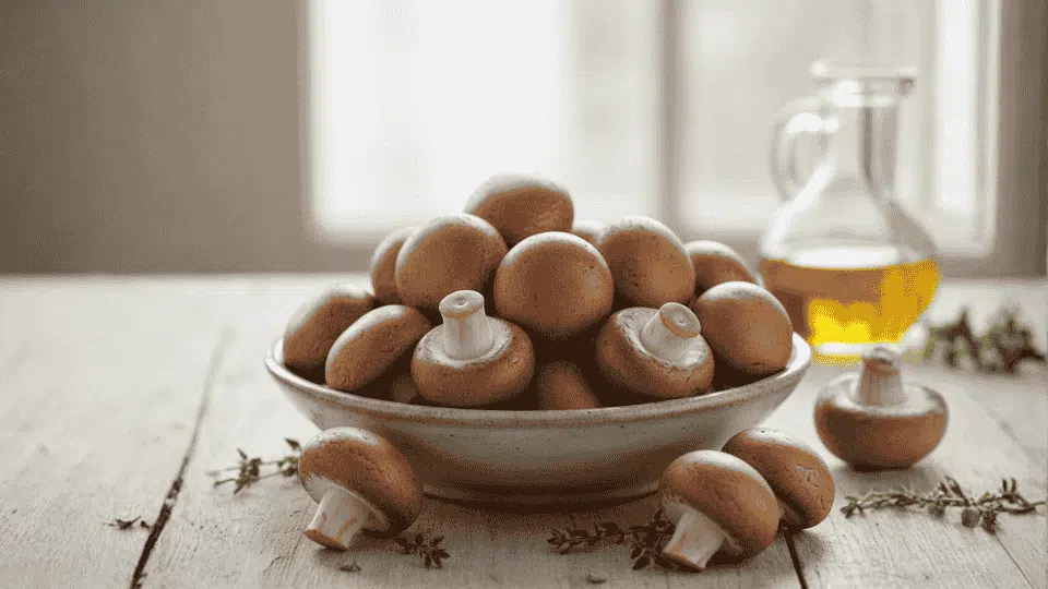 brown cremini mushrooms are piled in a ceramic bowl on a wooden table next to fresh thyme and olive oil