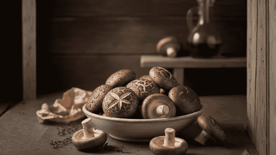 brown shiitake mushrooms with carved decorative patterns on top are piled in a bowl on a dark textured table surface