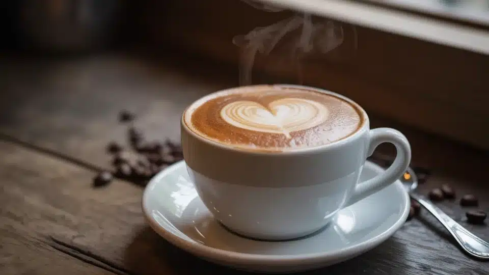 cappucino with heart art on dark wooden table with scattered beans and rising steam