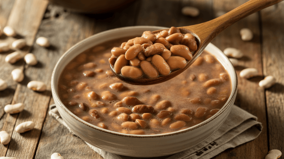 close-up of cooked pinto beans in a bowl with a spoonful scooped out, showing texture and color (1)