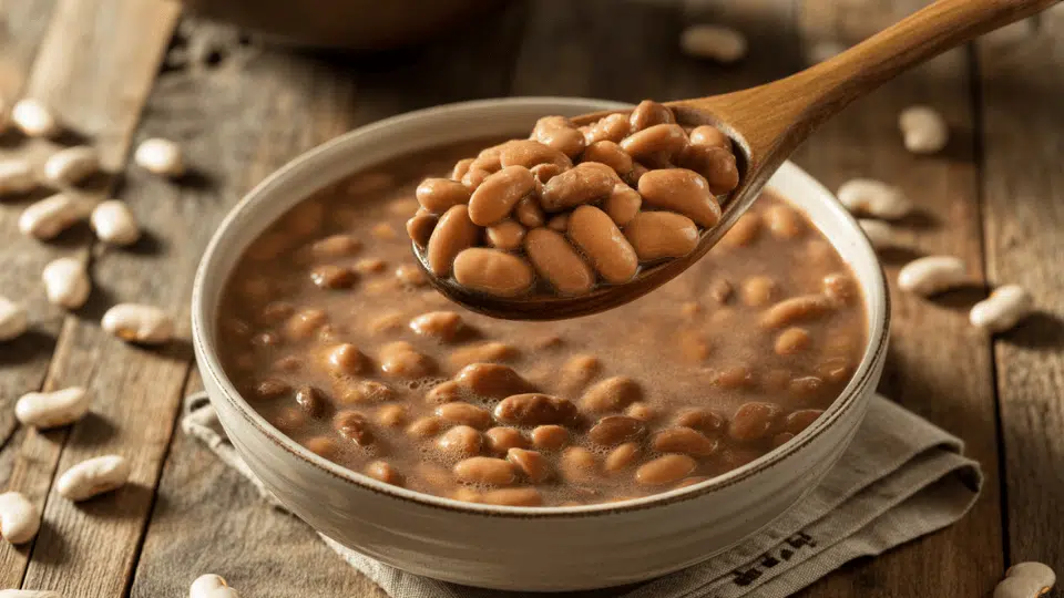 close-up of cooked pinto beans in a bowl with a spoonful scooped out, showing texture and color (1)