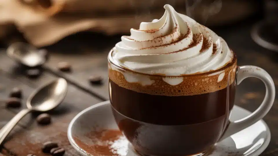 coffee with whipped cream and toppings in white mug on dark wooden table with cocoa dust and beans
