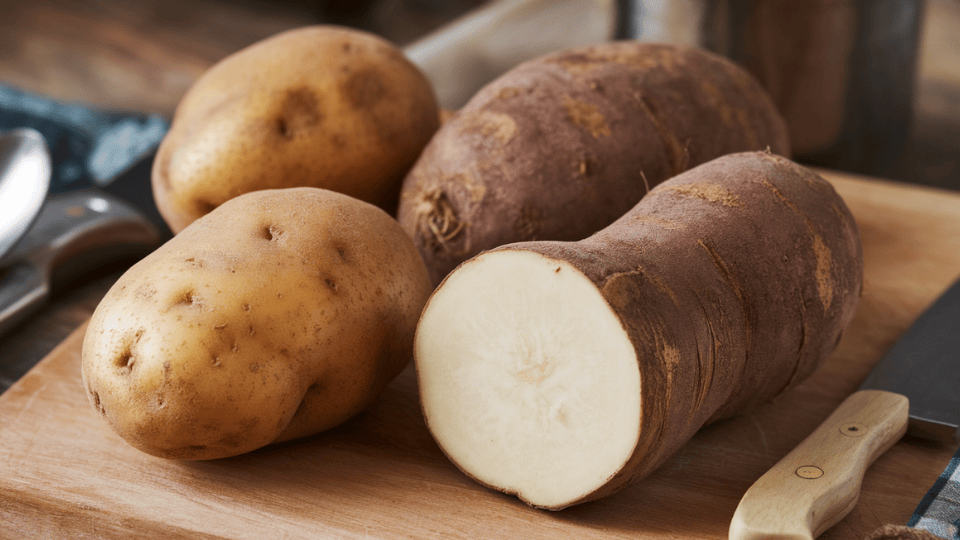 _comparison of yuca and potatoes showing their different forms and nutritional profiles