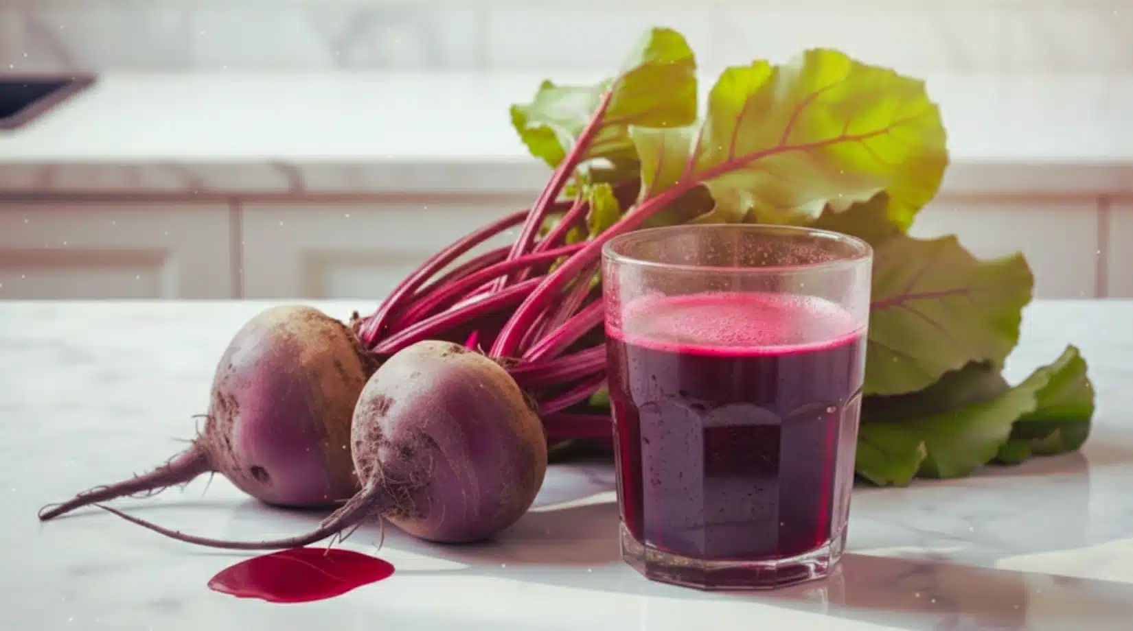 fresh beets with leafy greens beside glass of beet juice on kitchen countertop in bright natural light