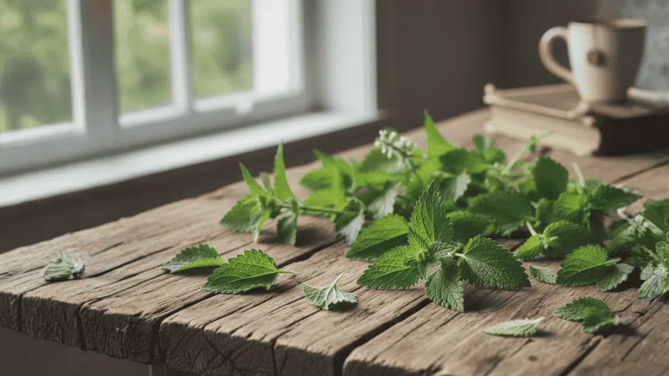 fresh green catnip leaves scattered on a rustic wooden table near a sunlit window, with a cup and books in the background