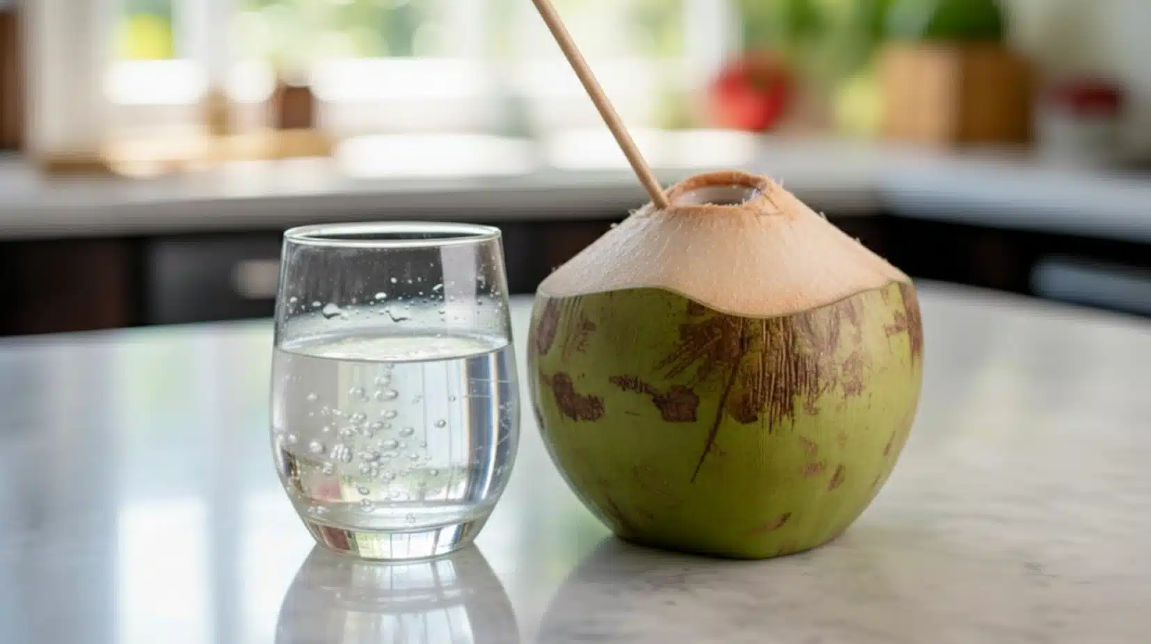 fresh green coconut with straw beside glass of coconut water on kitchen countertop in bright natural light