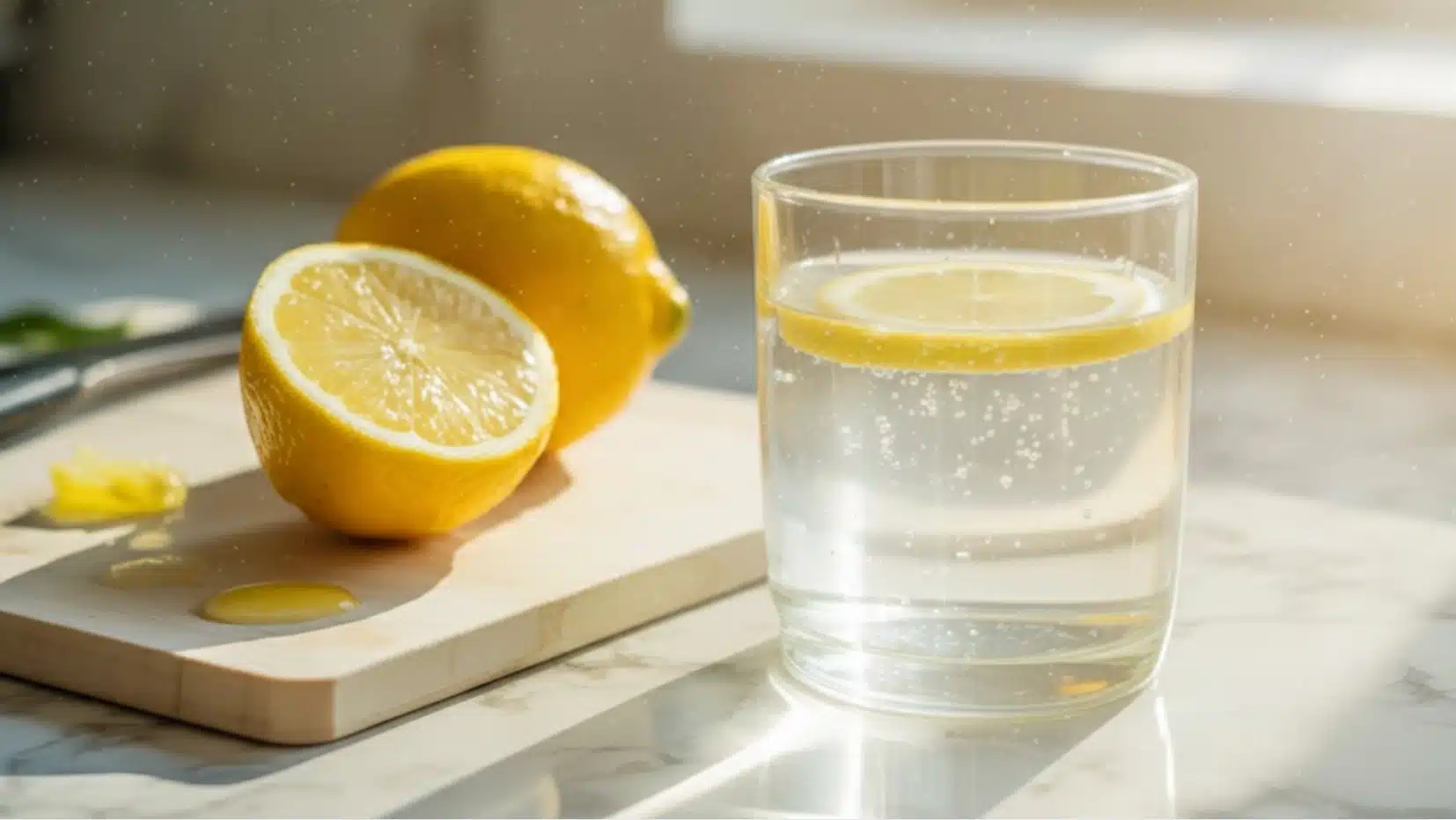 fresh lemon halves on cutting board beside glass of sparkling water with lemon slice in bright kitchen light