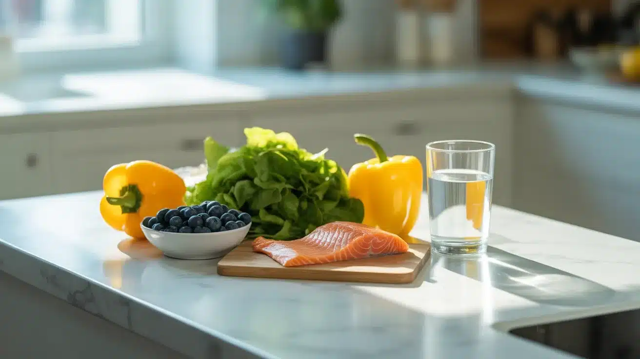 fresh salmon fillet with blueberries, spinach, yellow bell peppers, and glass of water arranged on a kitchen countertop