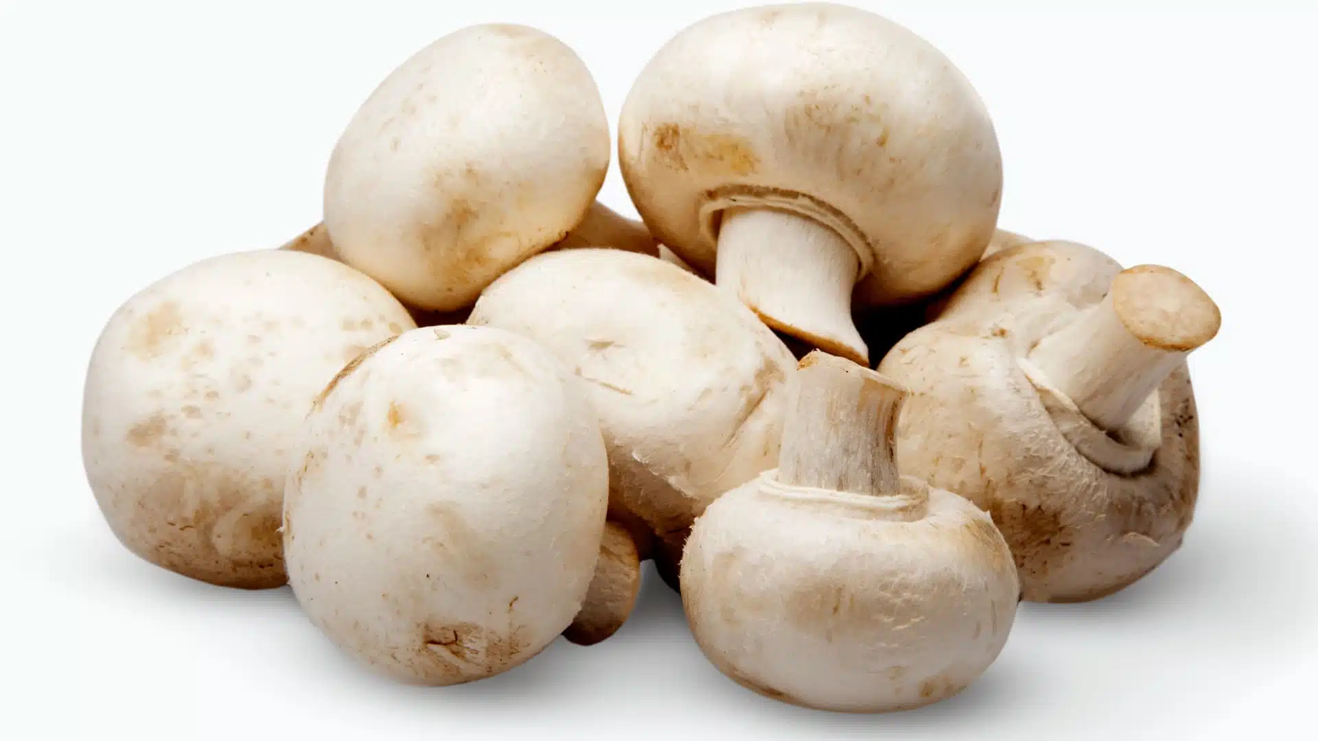 fresh, white button mushrooms with smooth caps and short stems, piled together against a clean white background
