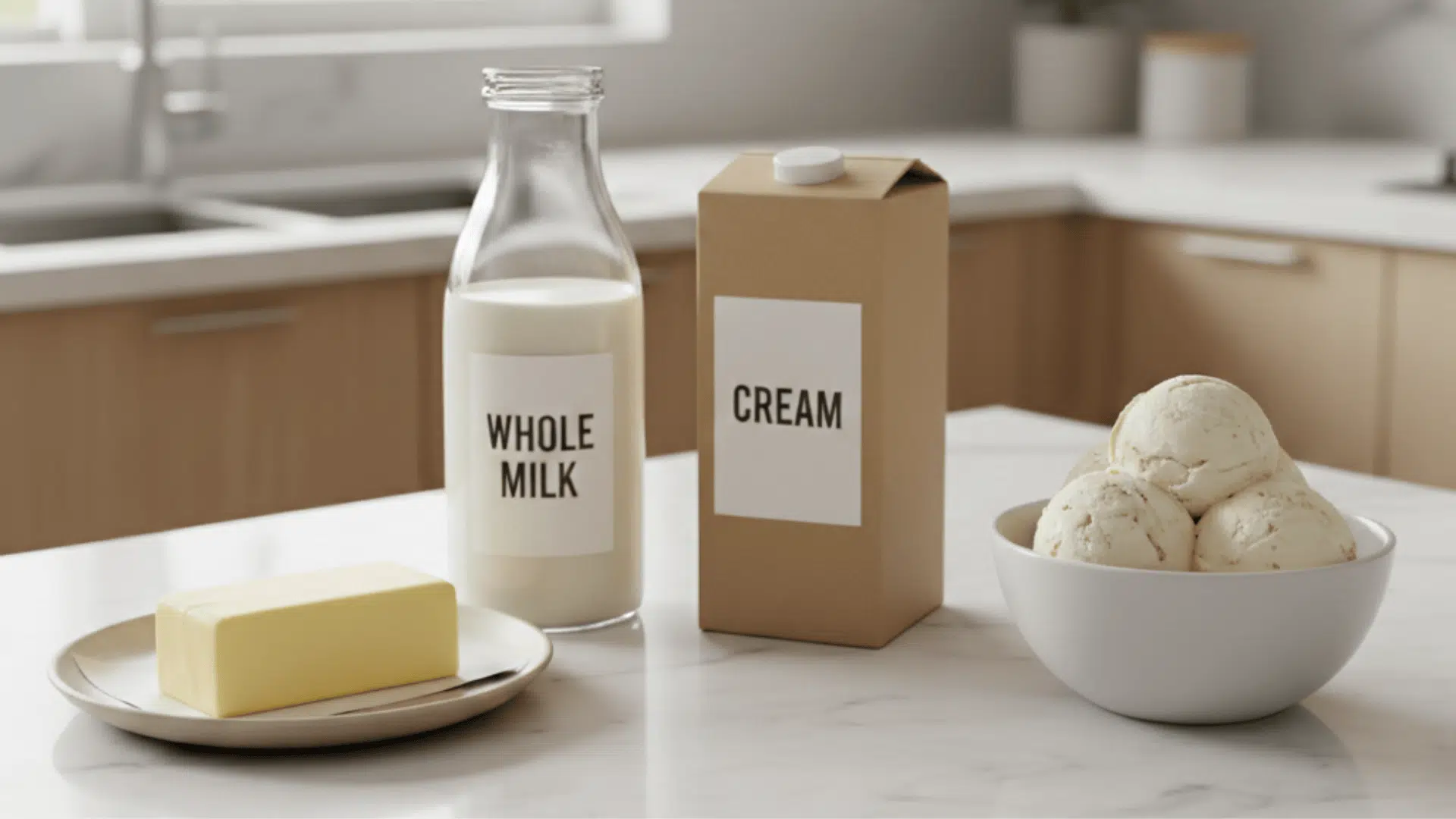 whole milk bottle, cream carton, butter stick and bowl of ice cream on kitchen counter showing full-fat dairy products